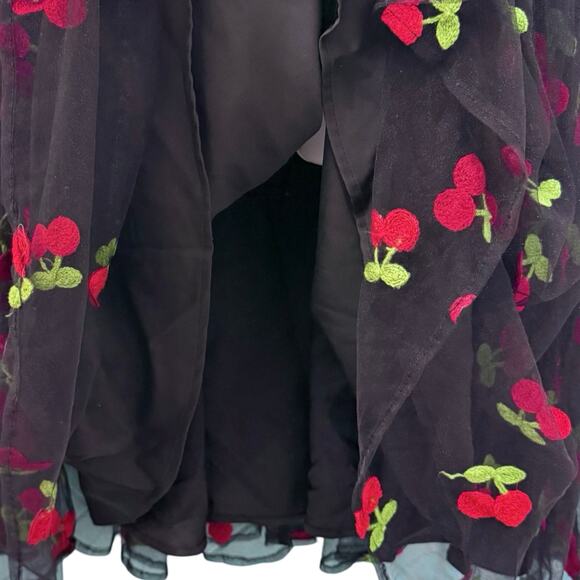Unique Vintage Collared Sheer Embroidered Black Red Cherry Dress size L 10 12 - Picture 13 of 15
